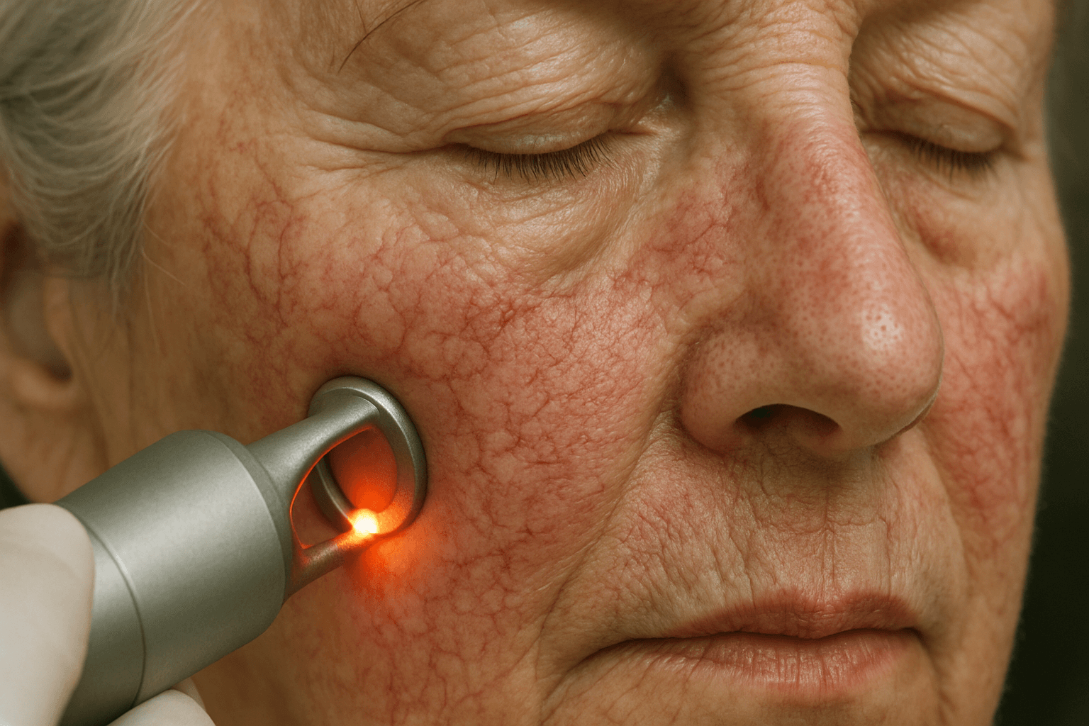 Close-up view of skin showing vascular treatment area for broken blood vessels and capillaries